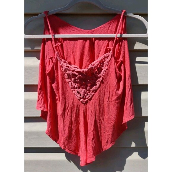Monteau Womens Cropped Tank Spaghetti Strap Top Lace Detail Coral Medium M Top - Picture 3 of 10
